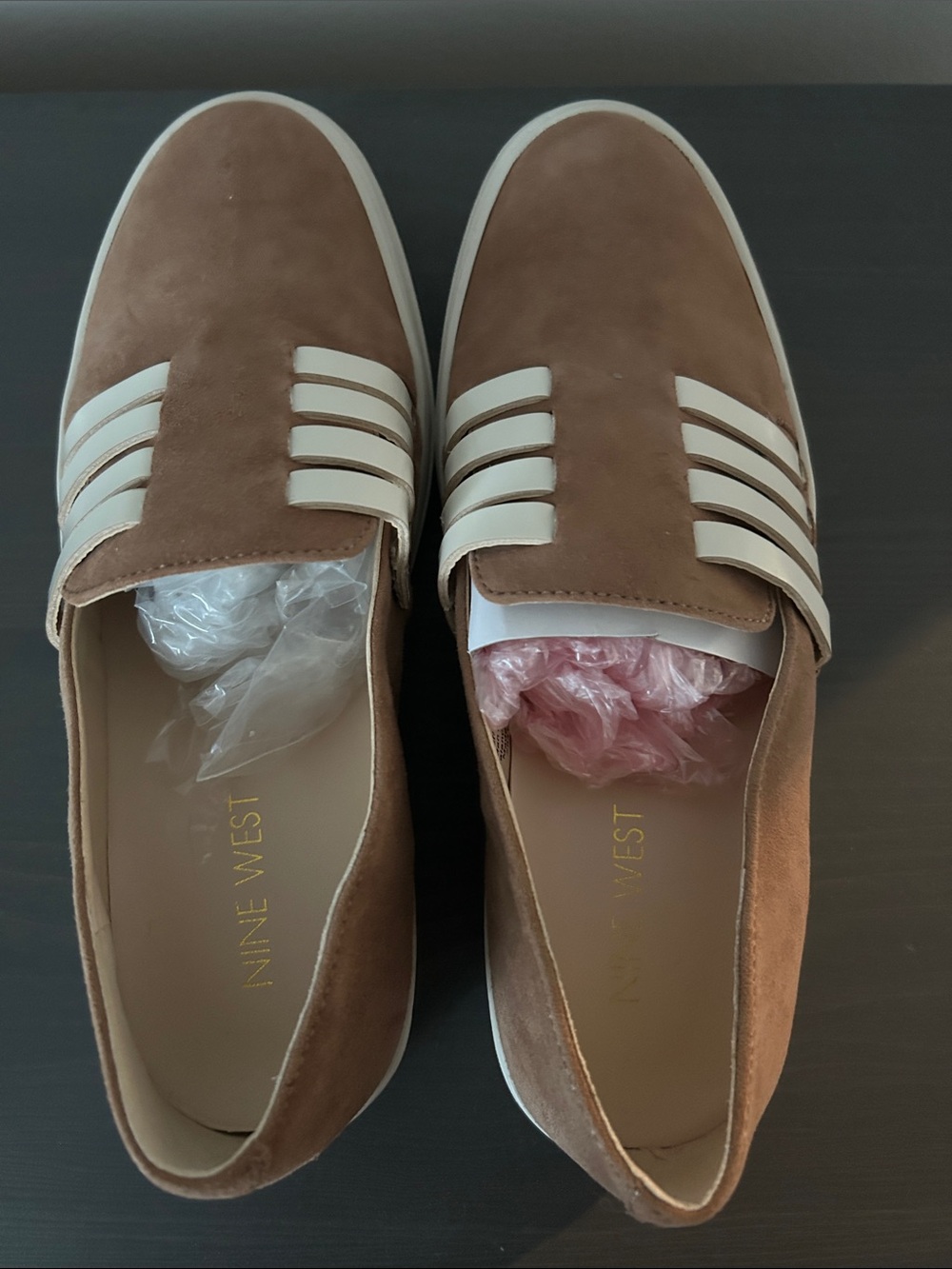 NEW Nine West Tan Suede Slip-On Loafers with Cream Straps